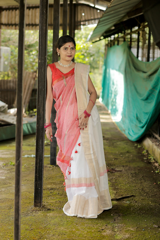 Sindhuri Chhaya – White Bengal Cotton Saree with Red Pallu